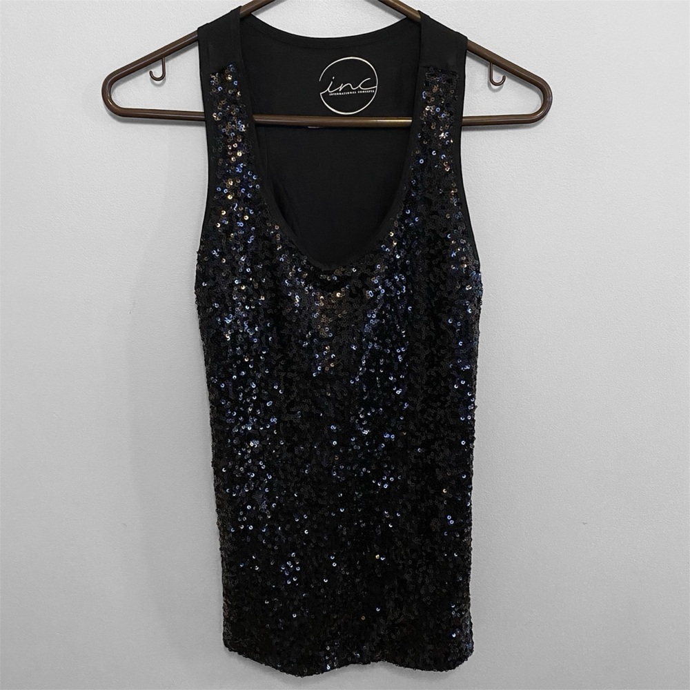 INC International Concepts Black Sequined Scoop Neck Tank M